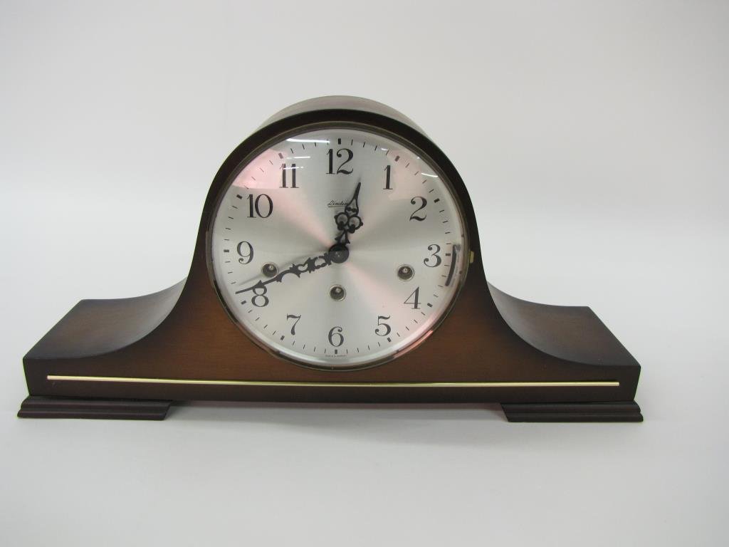 Linden German Tambour Clock: Linden, Germany, tambour clock, 8.5" high, mahogany case