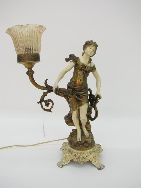 Vintage Bronzed Figural Lamp, after Moreau: A vintage bronzed and painted cast metal figural lamp, depicting Grecian woman in classical attire with harp, signed Moreau (after),18" tall