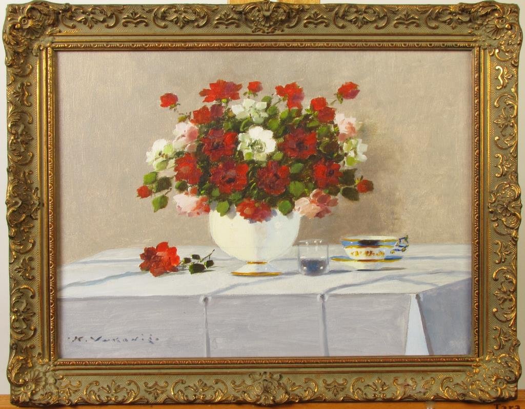 Decorator Oil Painting Signed Kurt Vukovic: A framed decorator oil painting, signed Kurt Vukovic, 12 x 16, depicting a floral still life