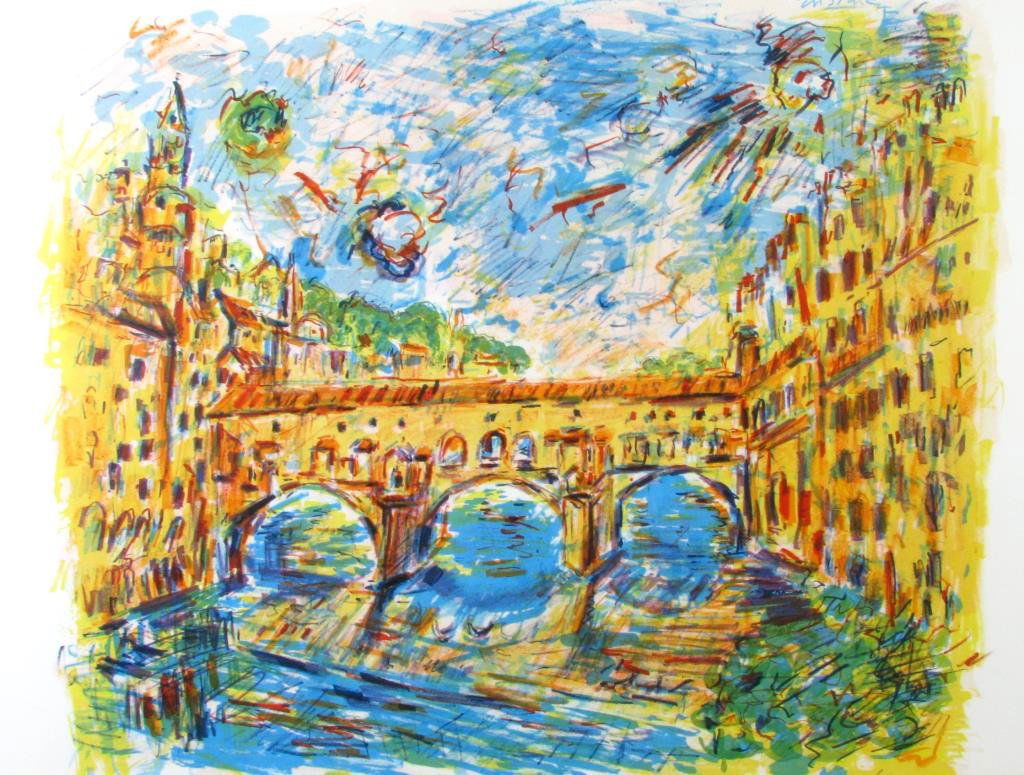 Wayne Ensrud Lithograph "View of Florence, Italy": A Wayne Ensrud lithograph, 23 x 31, signed upper right, entitled "View of Florence, Italy", size as framed 29.5 x 37.