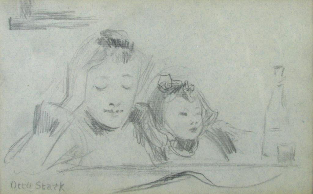 Otto Stark 5x8 Graphite/Paper Mother and Child: Otto Stark (IN, 1859-1926) 5 x 8, graphite on paper, signed lower left, depicting mother and child at table, size as framed 12.25 x 15