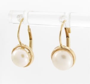 14K Yellow Gold Pearl Wire Drop Earrings