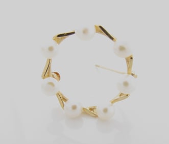 14K Yellow Gold Cultured Pearl Wreath Brooch