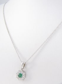 14K White Gold Emerald, Diamond Pendant, Chain