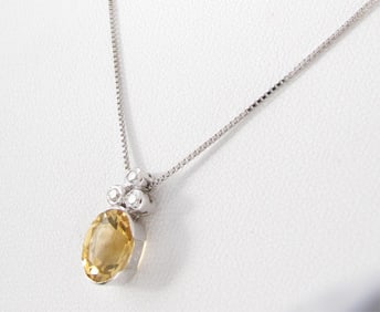 14K White Gold Citrine and Diamond Pendant, Chain