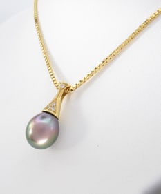 14K Yellow Gold Black Pearl, Diamond Pendant