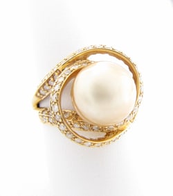 14K YG Golden South Sea Pearl, Diamond Ring
