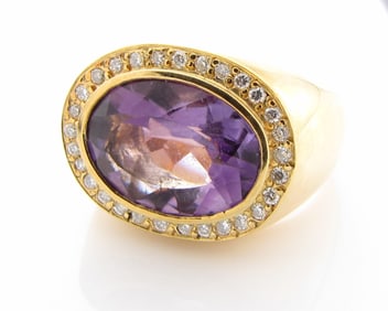 18K Yellow Gold Amethyst and Diamond Ring