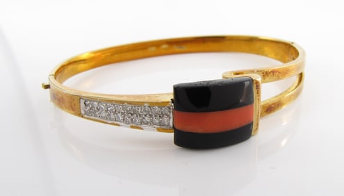 14K YG Onyx, Coral Diamond Bangle Bracelet
