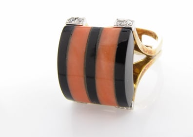 14K Yellow Gold Onyx, Coral, Diamond Ring