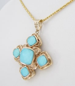 14K Yellow Gold Crystal/Turquoise Cross Pendant