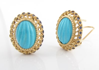 14K Yellow Gold Turquoise, Sapphire Earrings
