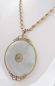 14K Yellow Gold Jade Pendant, 2" Diameter