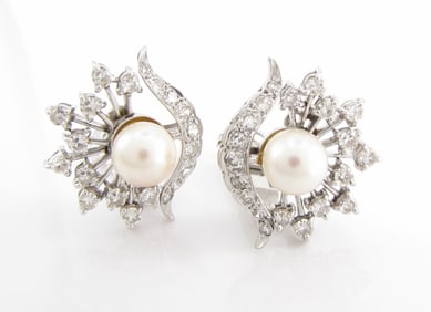 Vintage Platinum Cultured Pearl, Diamond Earrings