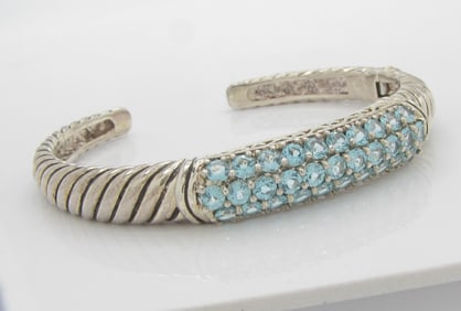 Sterling Ribbed Bangle Cuff Blue Topaz Bracelet