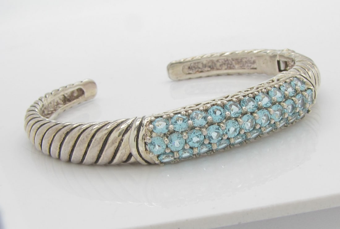 Sterling Ribbed Bangle Cuff Blue Topaz Bracelet
