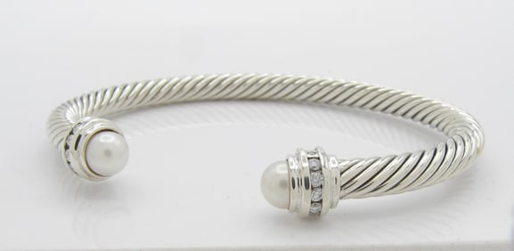 David Yurman Sterling Pearl, Diamond Cuff Bracelet