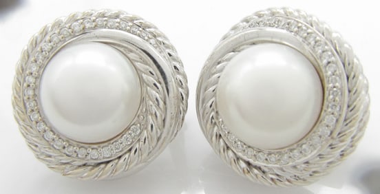 David Yurman Sterling Pearl, Diamond Earrings