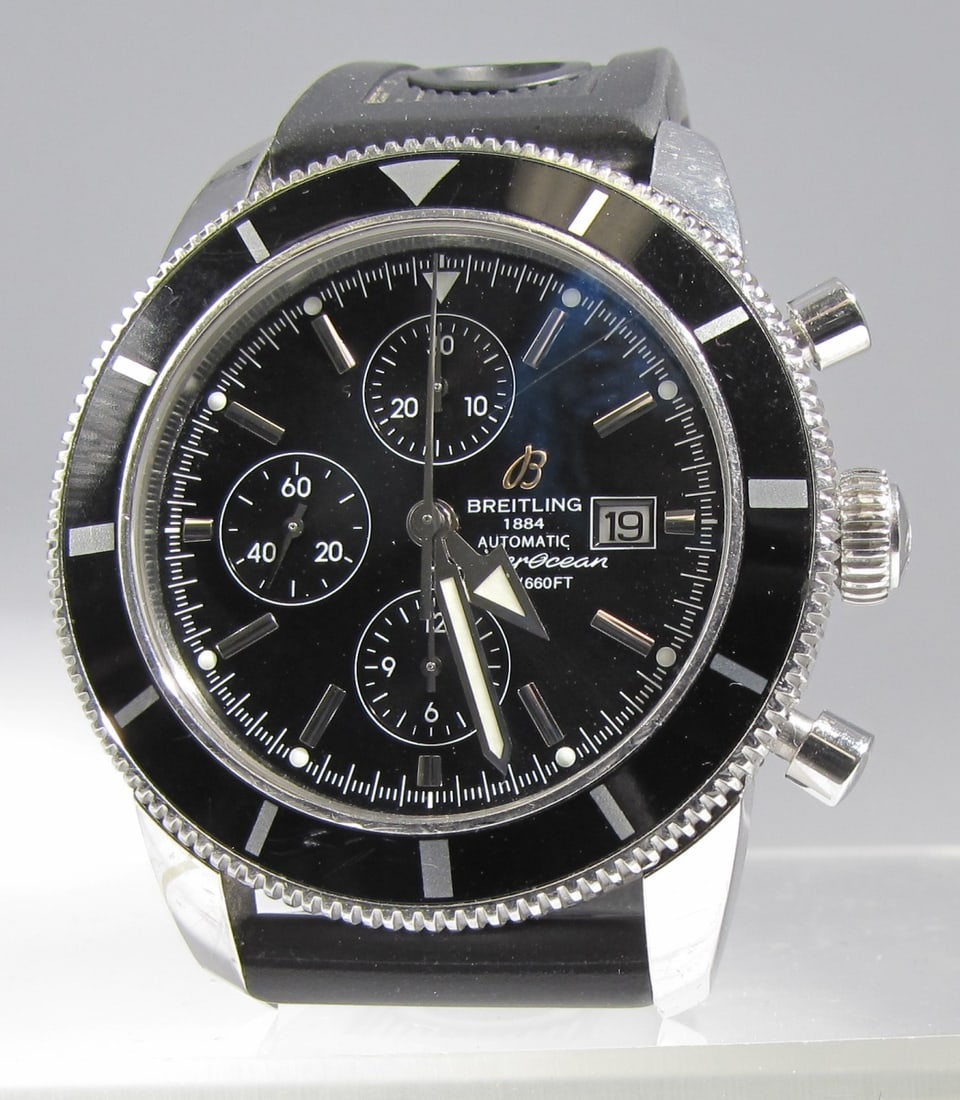 Breitling SuperOcean Heritage Spcl Edition Watch: A Breitling Superocean Heritage 46mm Special Edition stainless steel watch with automatic movement, stainless steel, 46mm case, black dial, luminous silver tone stick hands, luminous hands, date at 3