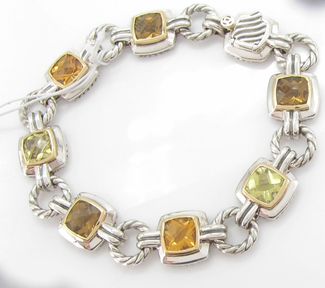 David Yurman Renaissance Multi-Stone Bracelet: A David Yurman Renaissance Collection bracelet in sterling silver featuring cushion shaped smoky quartz, citrine and lemon quartz in 18K yellow gold and sterling silver cushion mountings in a round op