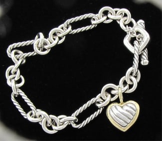 David Yurman Sterling, 14K Heart Charm Bracelet