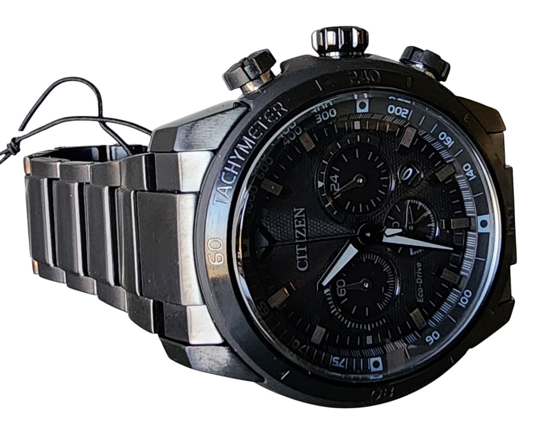 Citizen EcoDrive Ecosphere Men's Watch: Citizen men's watch, Ecosphere, CA4184-81E, black stainless case and bracelet, foldover clasp, 46mm case, three subdials, date at 4:30, (keeps time, main second hand does not function, second-hand sub