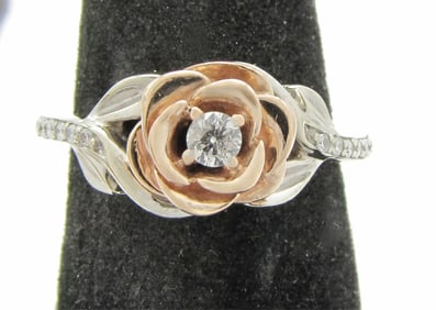 10K Rose and White Gold Rose Flower Diamond Ring