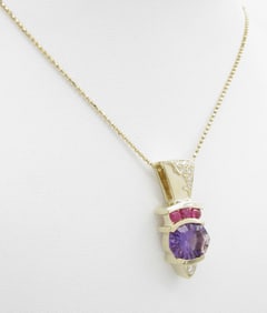 14K YG Amethyst, Ruby, Diamond Pendant, Chain