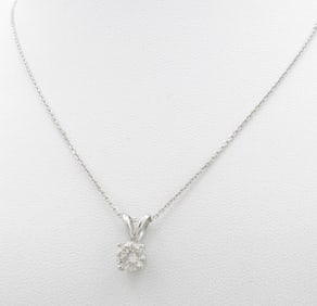 14K White Gold Diamond Solitaire Pendant, Chain