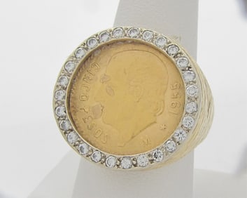 14K Yellow Gold Diamond Gold Pesos Coin Ring