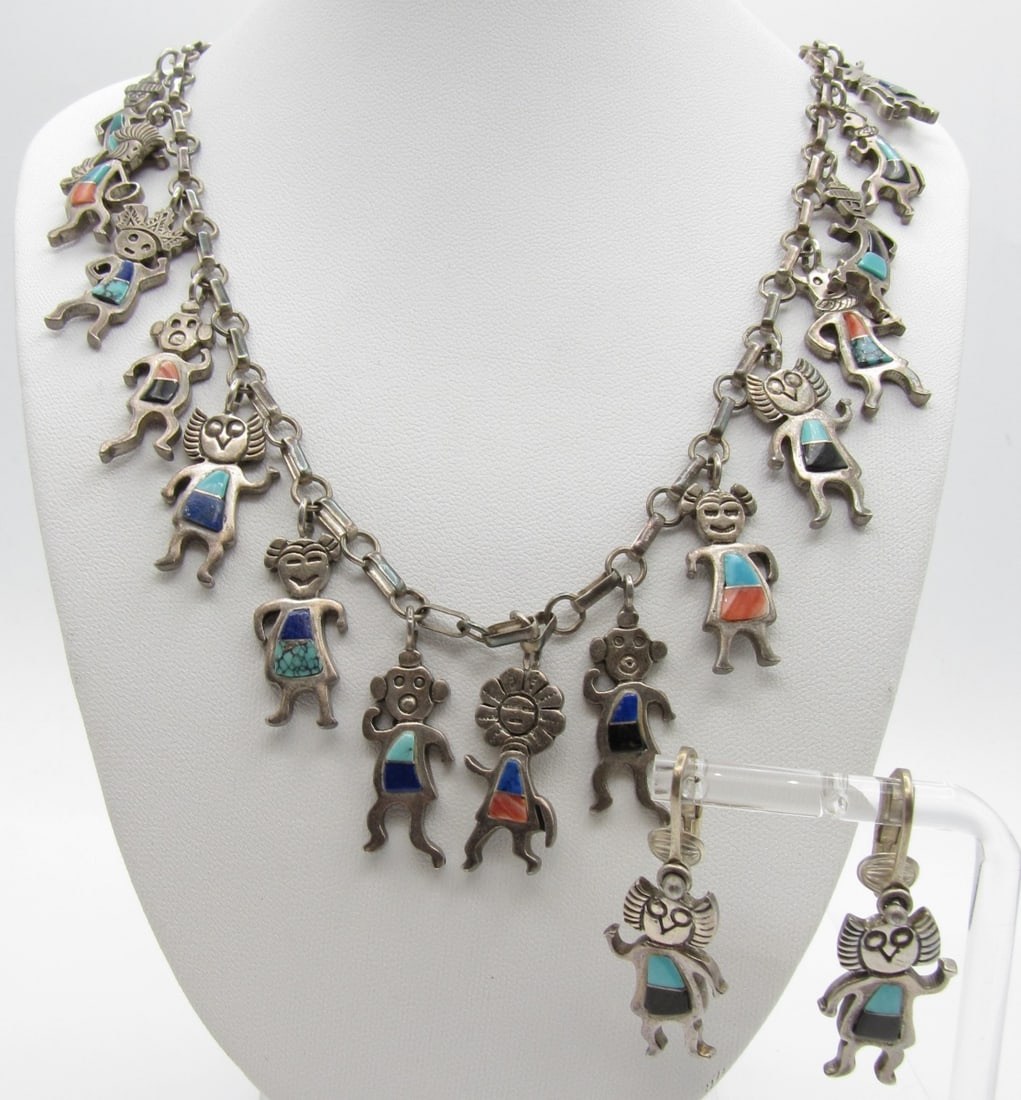 Native American Style Fetish Necklace, Earrings: A Southwest/Native American fetish necklace, with 'children' fetishes, most inlaid with coral, turquoise, or lapis, chain marked .925, each fetish marked 'sterling, necklace is 22"l, and with a pair