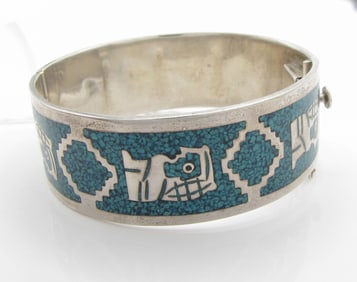 Mexican Sterling Turquoise Hinged Bangle