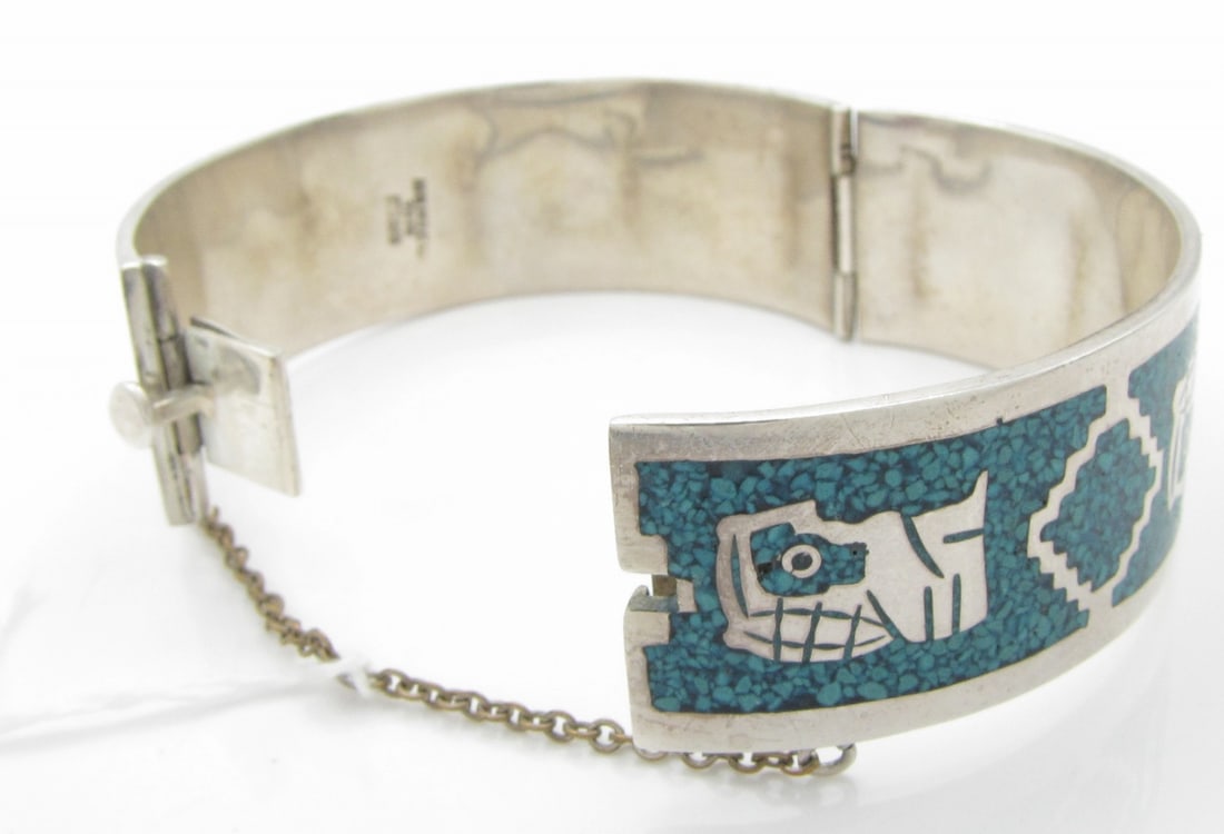 Mexican Sterling Turquoise Hinged Bangle - 3