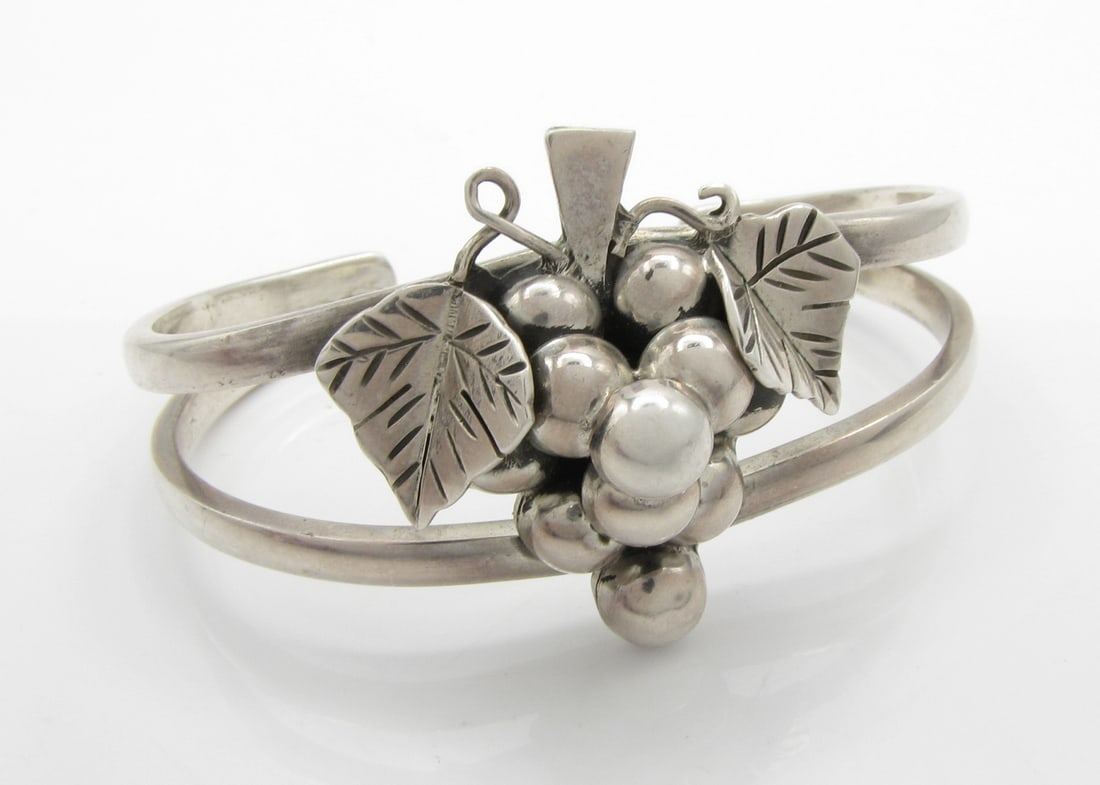 Mexico .925 Silver Cuff Bracelet: Mexico .925 Silver Cuff Bracelet, with grape and leaf design, 30.3dwt