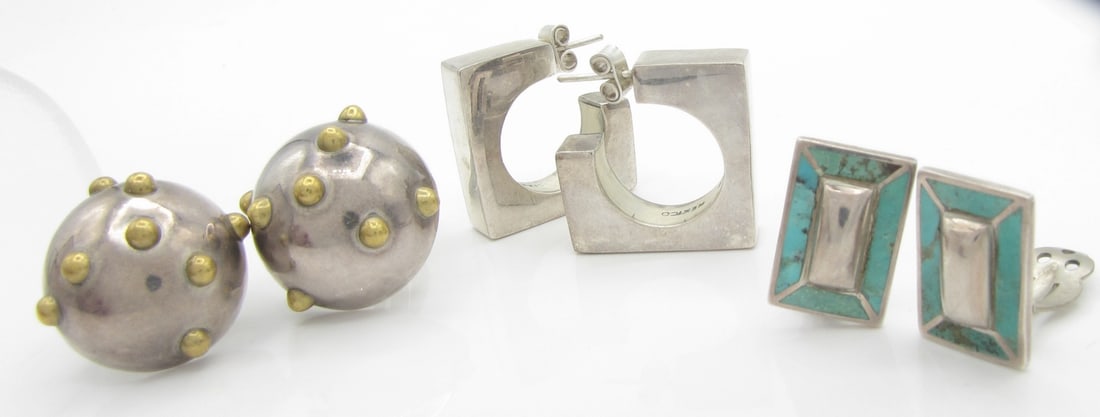 Three Pair, SW Style Sterling Earrings: Three Pair, SW Style Sterling Earrings, including rectangular pair or ear clips marked .925 with turquoise inlay, pair of cabochon style ear clips, marked 'Mexico, .925', with gold plated accents,