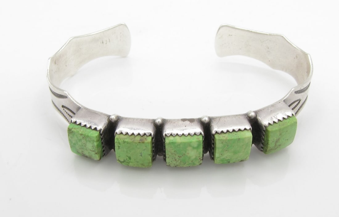 Kary Begay Sterling, Turquoise Bangle: Signed 'KB, Sterling', bangle bracelet, with five green turquoise accents, attributed to Kary Begay, Navajo, 13.8dwt