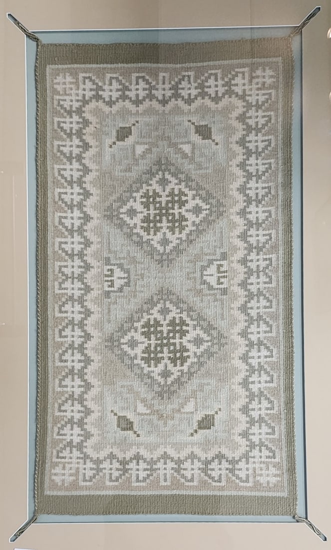Teec Nos Pos Navajo Framed Rug: Teec Nos Pos Navajo framed rug, green–silver–beige palette, rug is 37 x 20, as framed: 45 x 28.5, 20th century