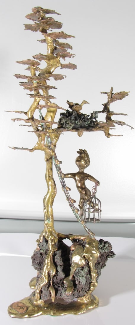 Martin Borja Bronze and Metal Sculpture: Marin Borja (Ecuador) bronze and metal sculpture, depicting boy catching bird in tree, 16.5"h, welded badge on base