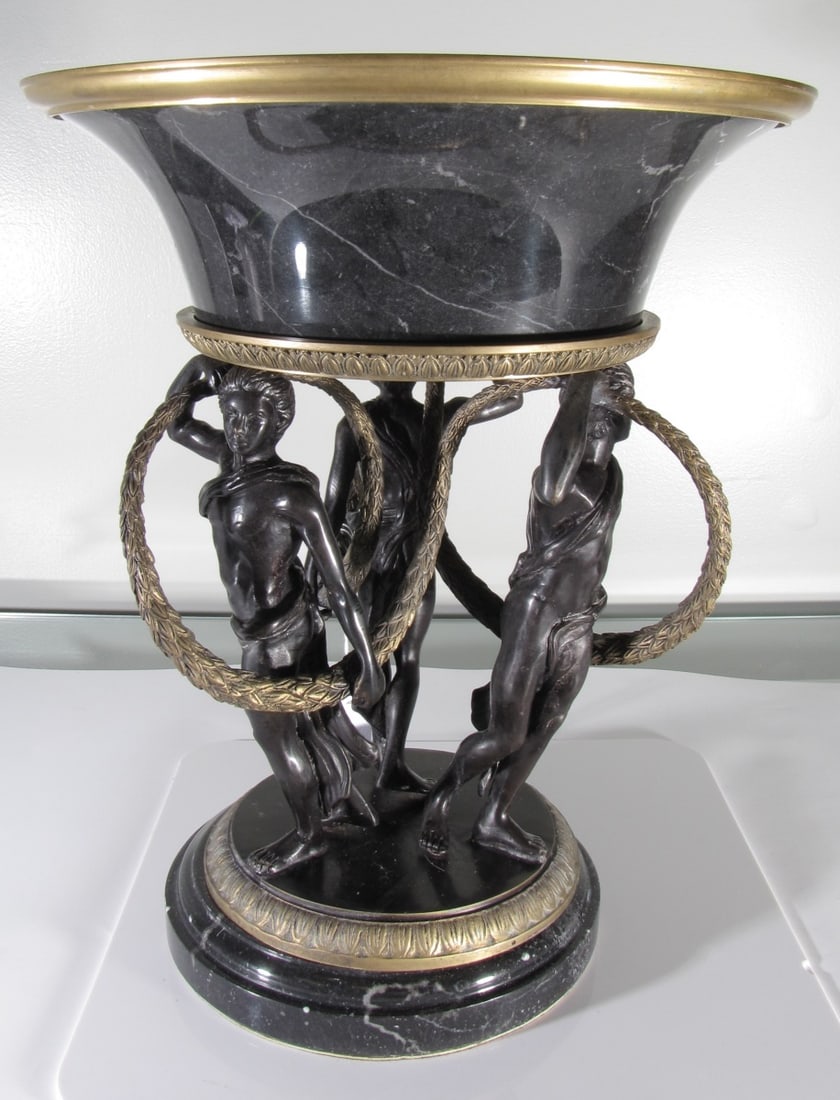 Vintage Neoclassical Bronze and Marble Centerpiece: Vintage Neoclassical Bronze and Marble Centerpiece, with three muses, brass accents, removable receiver and trim, overall height 14", bowl is 11.5"dia