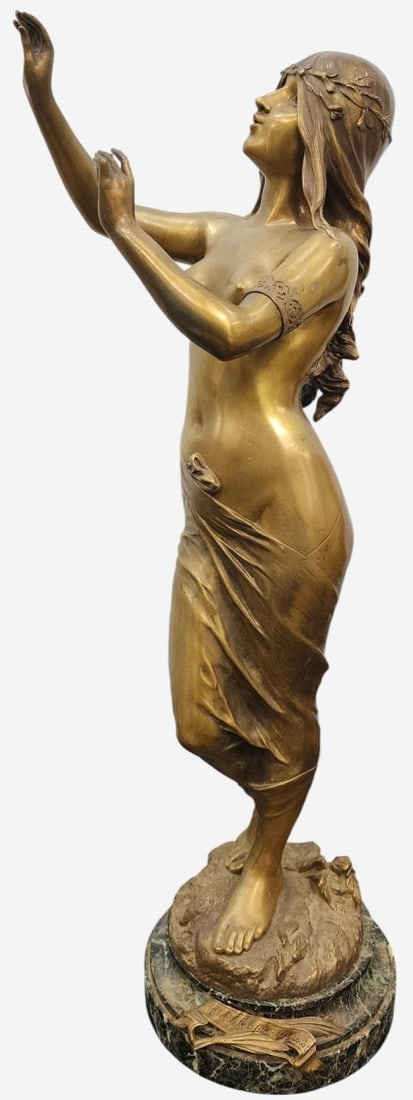Bronze Patinated Metal Sculpture, "Muse", Drouot: Bronze patinated metal sculpture, "Muse des Bois", after Edouard Drouot (France 1859-1945), art nouveau style mythological figure, on marble plinth, embossed signature, (missing both trumpets) 29"h ov