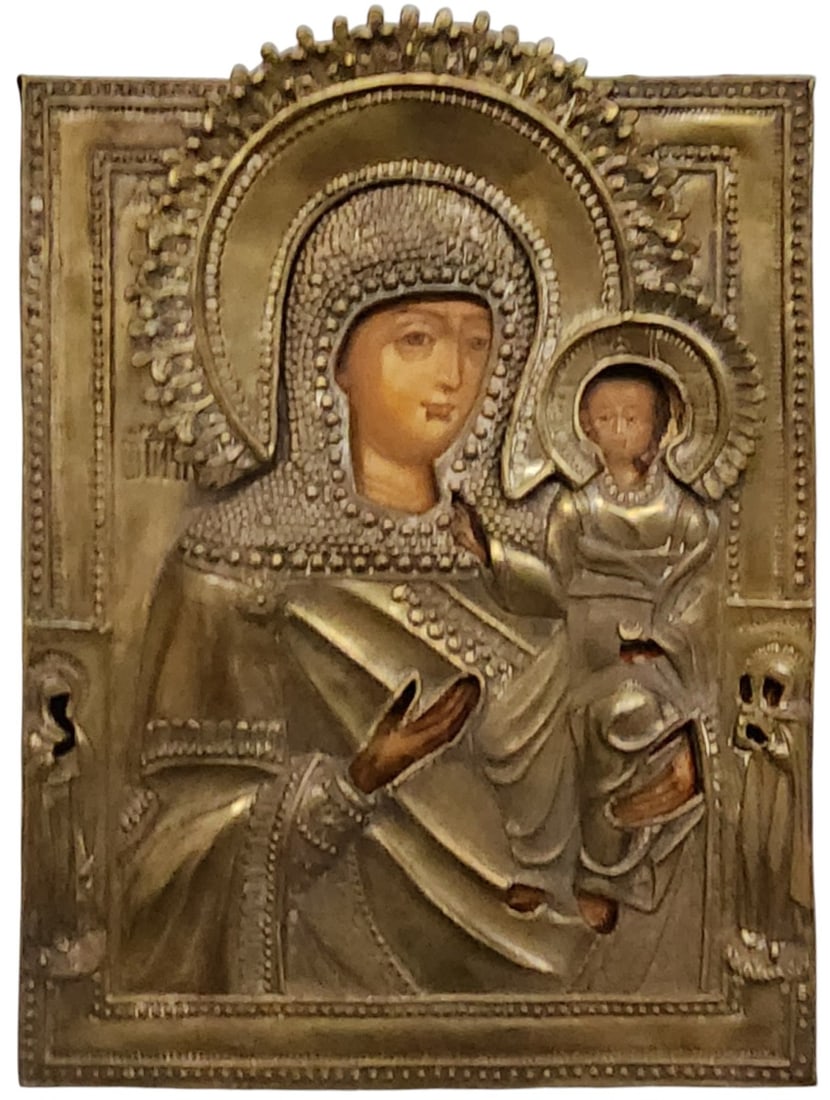 Antique Russian Orthodox Icon: An antique Russian Orthodox icon, likely mid-late 19th century, depicting Mary and the Christ, signed in Cyrillic script and script is mirrored in brass overlay, 9" x 7", with enameling and gold gilt