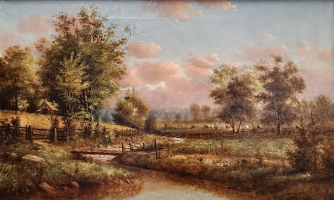 John E Bundy 22x36 O/C Pastoral Scene, Cows