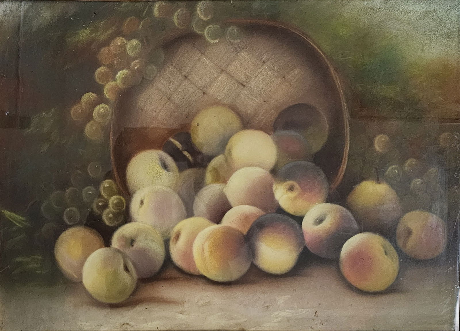 John E Bundy 17x24 WC Harvest Basket: John E Bundy (IN, 1853-1933) 17x24 , WC , Pastel , Harvest Basket , Depicting: fruit, basket still life , Provenance: formerly of the Edmunds Optometry collection, Richmond, IN presented in original f