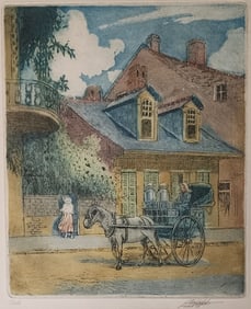 Louis O Griffith Color Aquatint, "The Milk Cart"