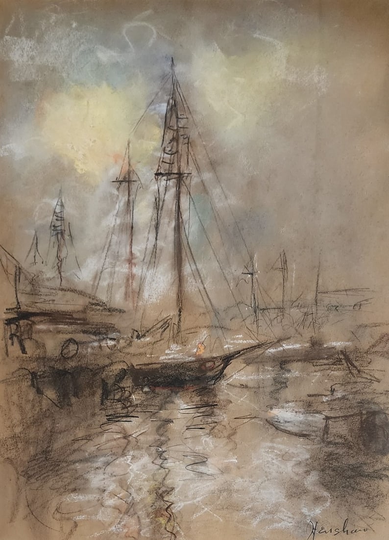 Glen C Henshaw 22x16 Pastel Moody Harbor Scene (1 of 3)