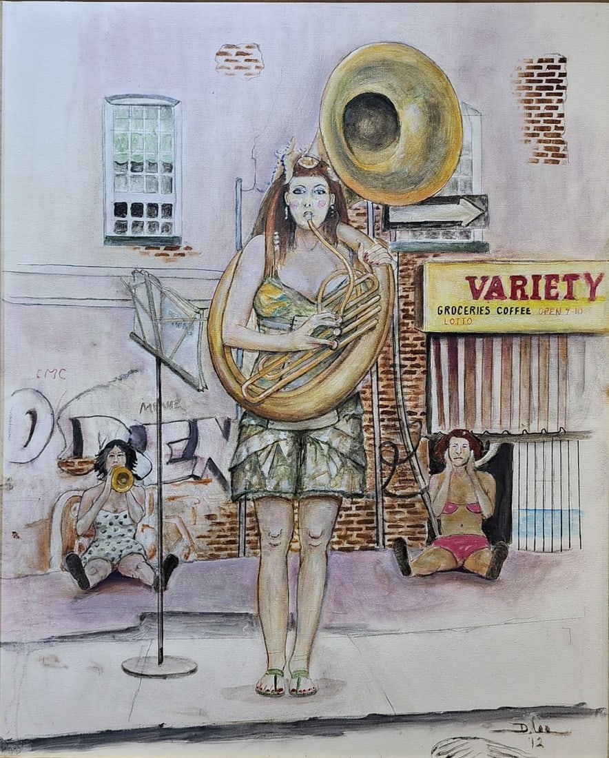 Denis C Lee 30x24 O/C "Tuba Girl": Denis C Lee (MI/IN, 1939-2023) 30x24 , O/C , signed lower right, 1992 , "Tuba Girl" , Depicting: street performers size as framed: 36x30About the artist- https://denisleeart.com/