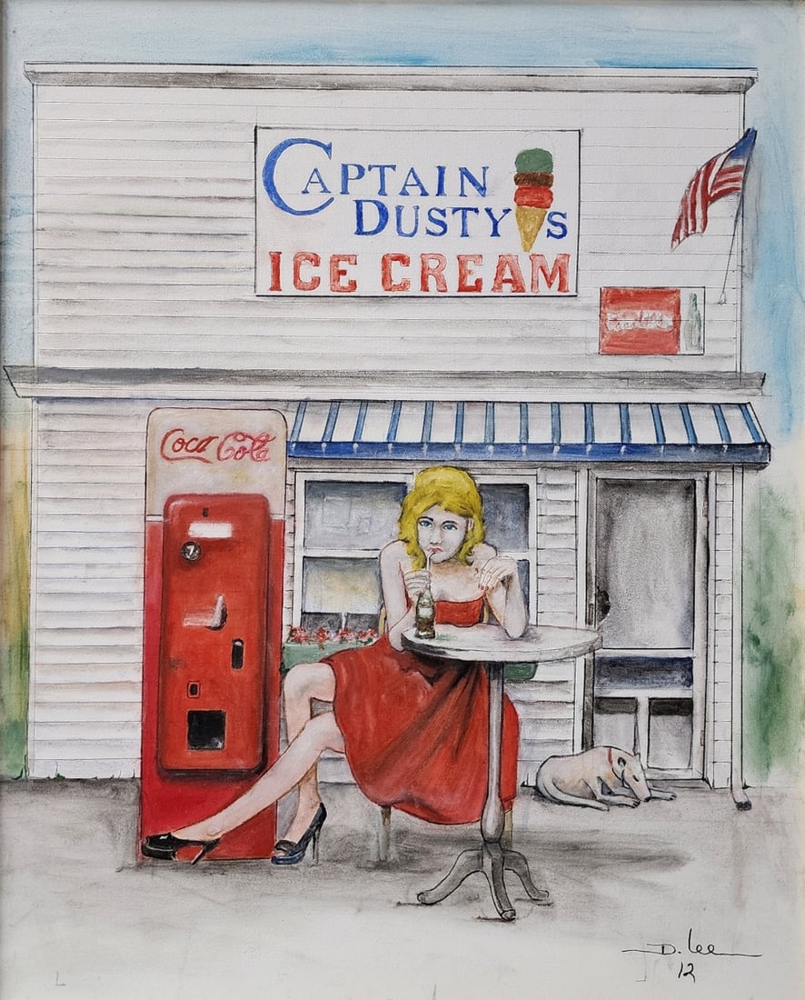 Denis C Lee 30x24 O/C "Coka Cola": Denis C Lee (MI/IN, 1939-2023) 30x24 , O/C , signed lower right, 2012 , "Coka Cola" , Depicting: girl, dog at Captain Dusty's Ice Cream size as framed: 36x30About the artist- https://denisleeart.com/