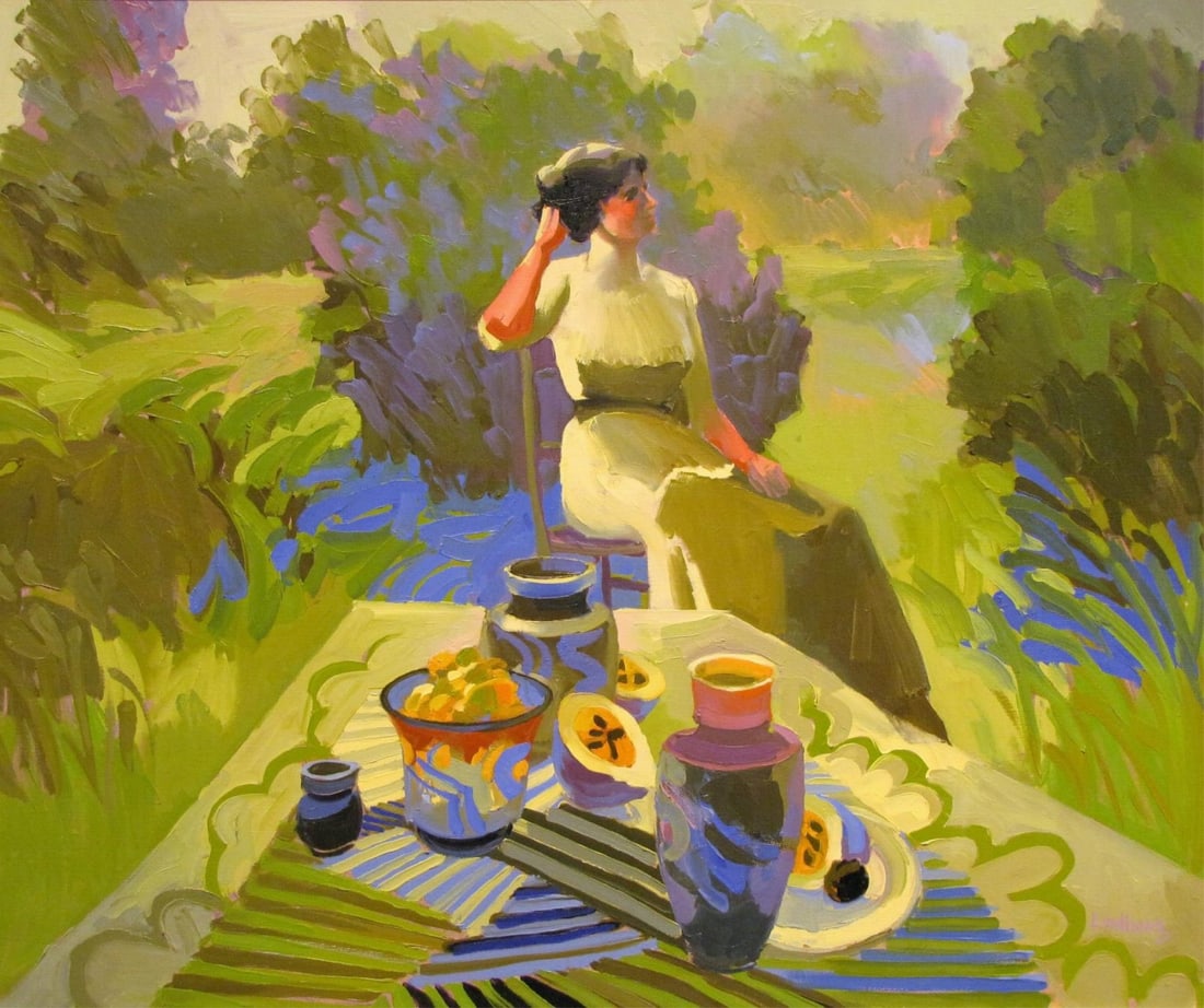 Keith Lindberg 42x50 O/C "Pasture Picnic": Keith Lindberg (American, B 1938) 42x50 , O/C , Signed lower Right , "Pasture Picnic" , Depicting: Woman with pottery on table as framed: 45 x 53