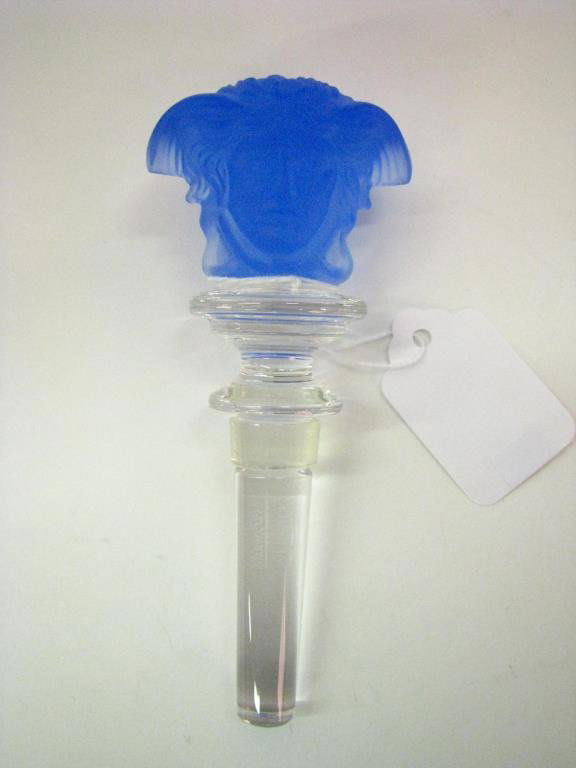 Versace, Rosenthal, Crystal Wine Bottle Stopper: Versace by Rosenthal cobalt blue medusa head crystal wine bottle stopper; 5 1/2" long. New in box with paperwork