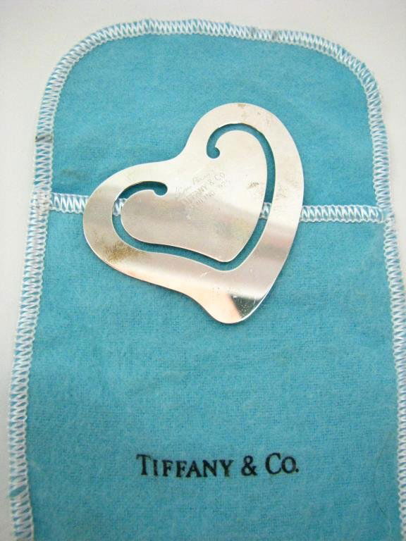 Tiffany & Co., Peretti, Sterling Heart Shaped Book: Tiffany & co. signed Elsa Peretti sterling 925 heart shape bookmark in original felt bag; 1 1/2" x 2"